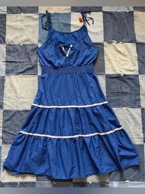 70s Tiered Dress Blue White Polka Dot Tie Vintage Midi Fits Size S Prairie